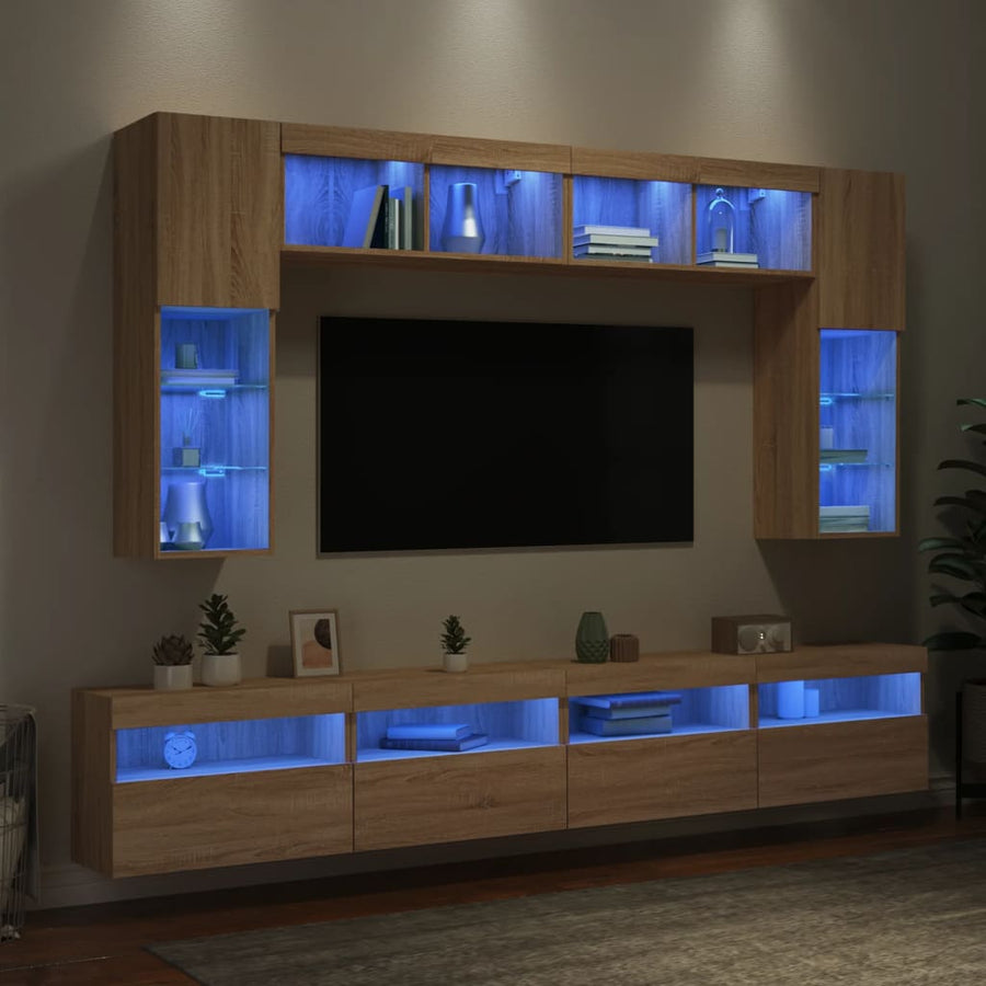 8-Delige Tv-Wandmeubelset Met Led-Verlichting Kleur Sonoma eiken