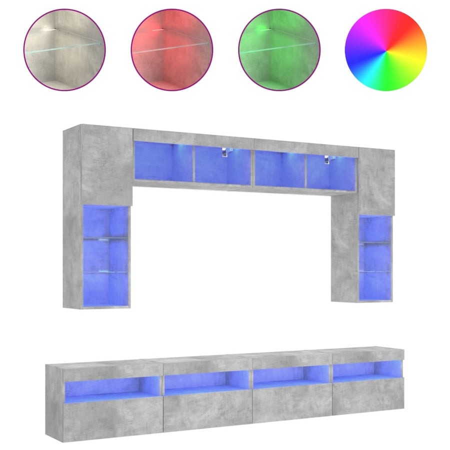 8-Delige Tv-Wandmeubelset Met Led-Verlichting Betongrijs