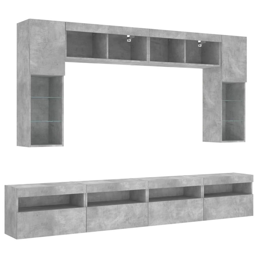 8-Delige Tv-Wandmeubelset Met Led-Verlichting Betongrijs