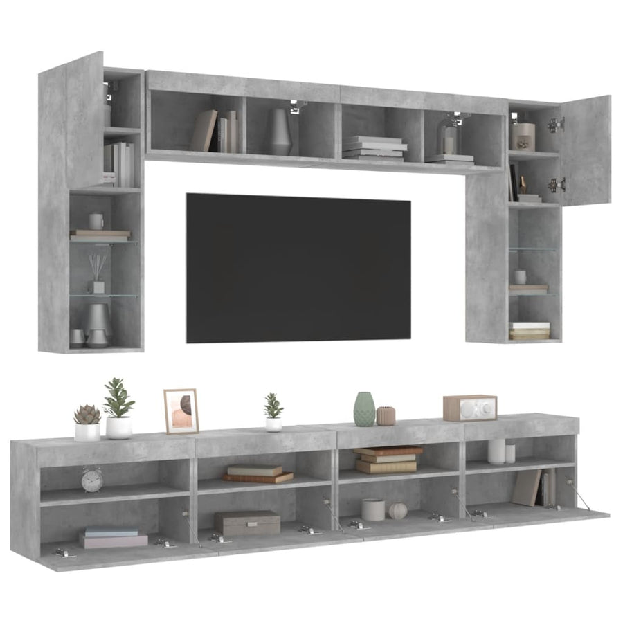 8-Delige Tv-Wandmeubelset Met Led-Verlichting Betongrijs