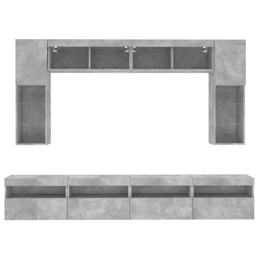8-Delige Tv-Wandmeubelset Met Led-Verlichting Betongrijs