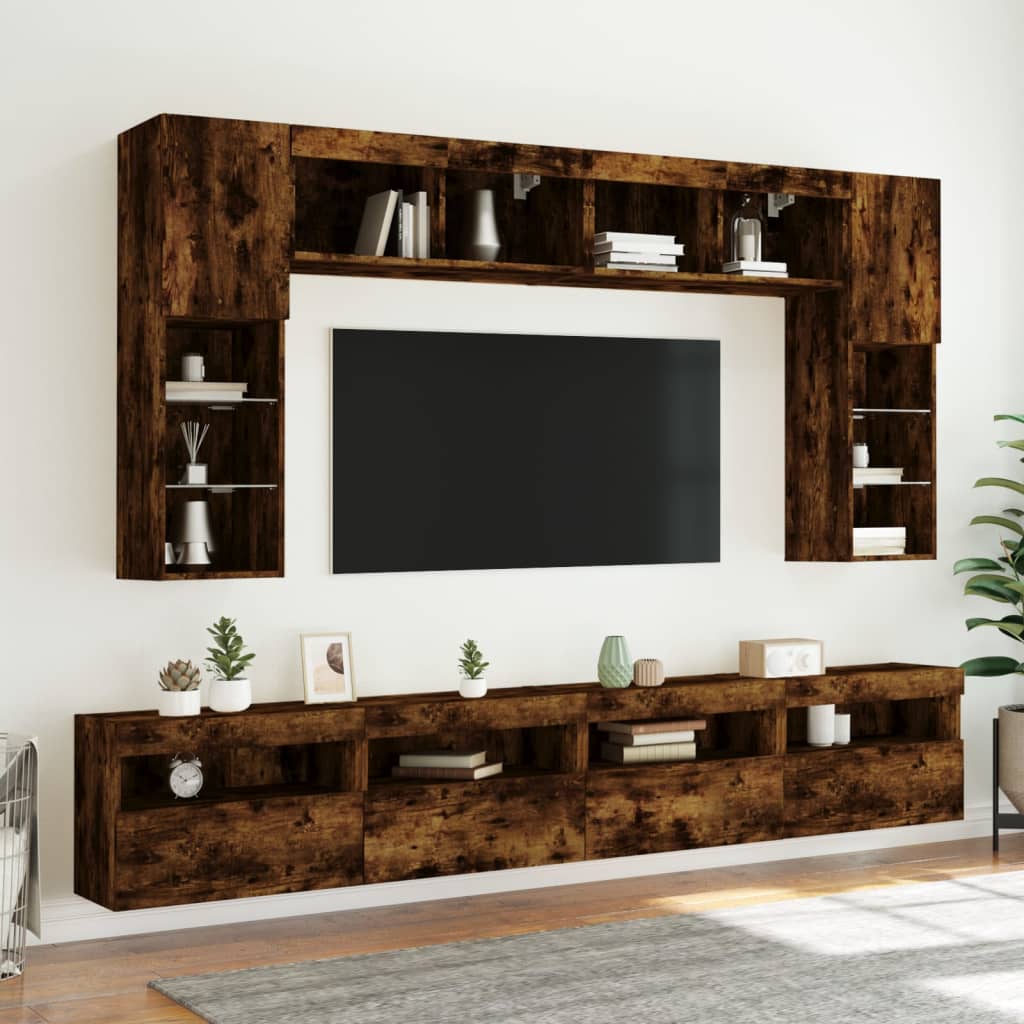 8-Delige Tv-Wandmeubelset Met Led-Verlichting Gerookt eiken