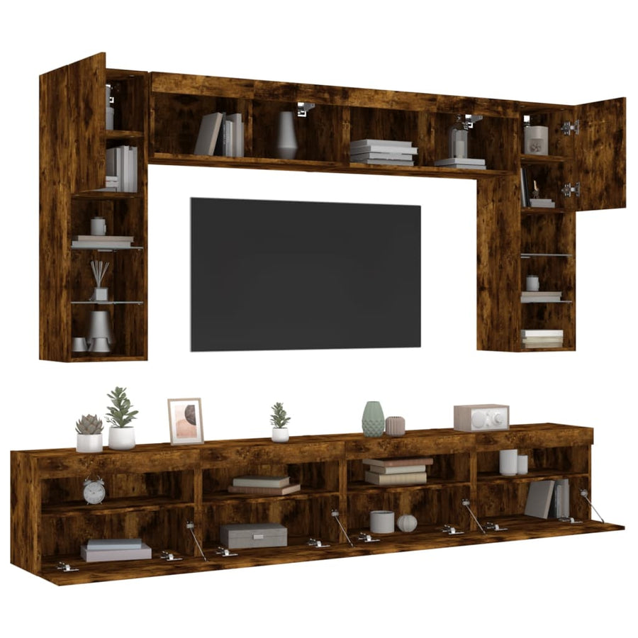 8-delige Tv-wandmeubelset met LED-verlichting gerookt eiken