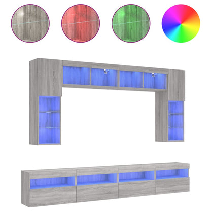 8-delige Tv-wandmeubelset met LED-verlichting grijs sonoma