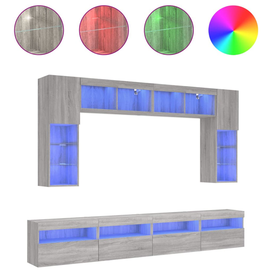 8-delige Tv-wandmeubelset met LED-verlichting grijs sonoma