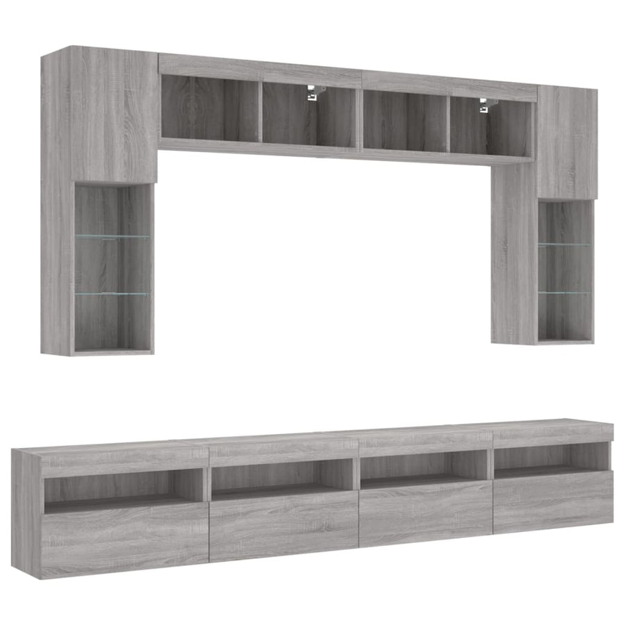 8-delige Tv-wandmeubelset met LED-verlichting grijs sonoma