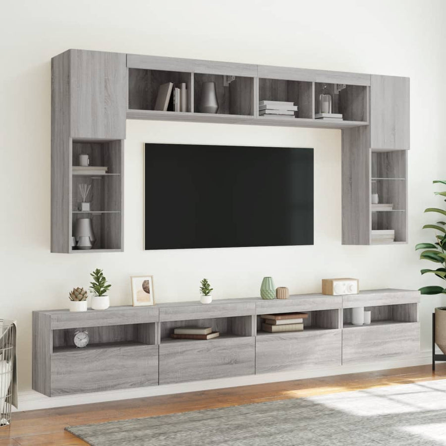 8-delige Tv-wandmeubelset met LED-verlichting grijs sonoma