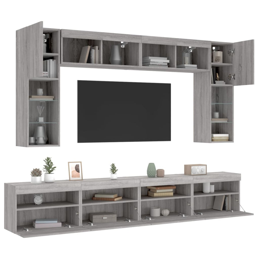 8-delige Tv-wandmeubelset met LED-verlichting grijs sonoma
