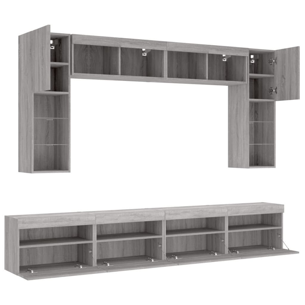 8-delige Tv-wandmeubelset met LED-verlichting grijs sonoma