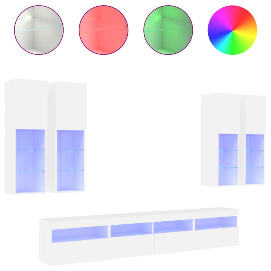 7-Delige Tv-Wandmeubelset Met Led-Verlichting Wit