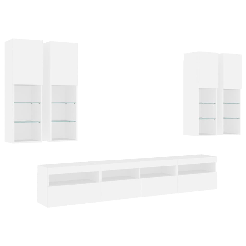 7-Delige Tv-Wandmeubelset Met Led-Verlichting Wit