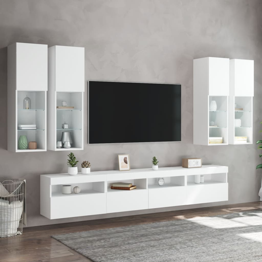 7-Delige Tv-Wandmeubelset Met Led-Verlichting Wit
