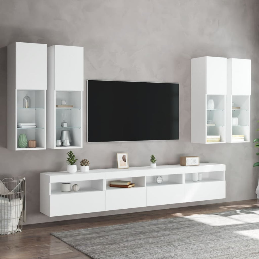 7-Delige Tv-Wandmeubelset Met Led-Verlichting Wit