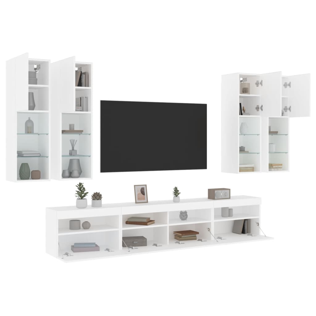 7-Delige Tv-Wandmeubelset Met Led-Verlichting Wit
