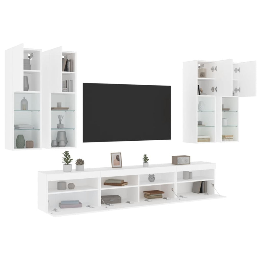 7-Delige Tv-Wandmeubelset Met Led-Verlichting Wit