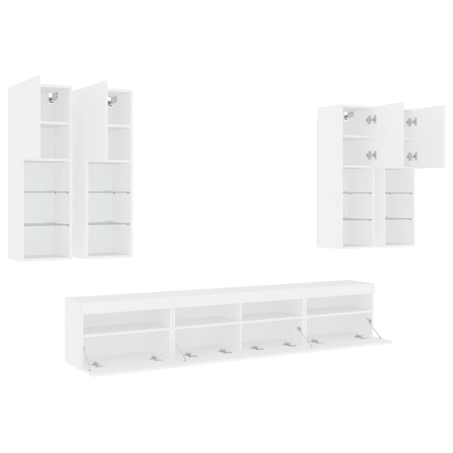 7-Delige Tv-Wandmeubelset Met Led-Verlichting Wit