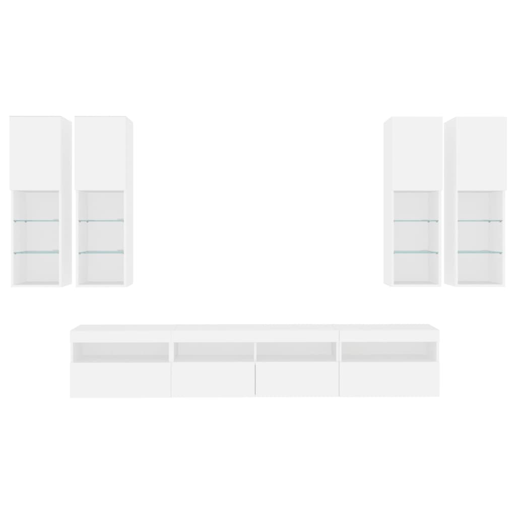 7-Delige Tv-Wandmeubelset Met Led-Verlichting Wit