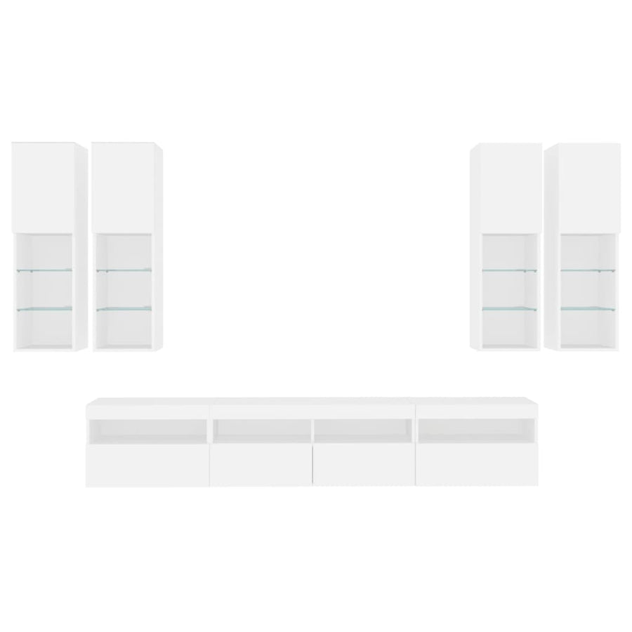 7-Delige Tv-Wandmeubelset Met Led-Verlichting Wit