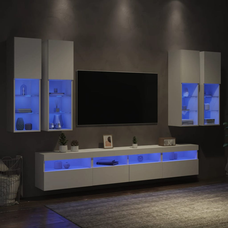 7-Delige Tv-Wandmeubelset Met Led-Verlichting Wit