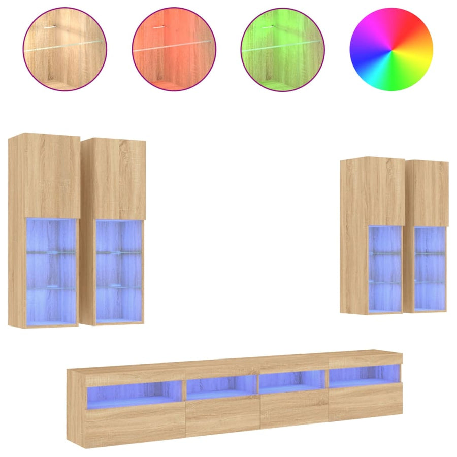 7-Delige Tv-Wandmeubelset Met Led-Verlichting Sonoma Eikenkleur