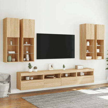7-Delige Tv-Wandmeubelset Met Led-Verlichting Sonoma Eikenkleur