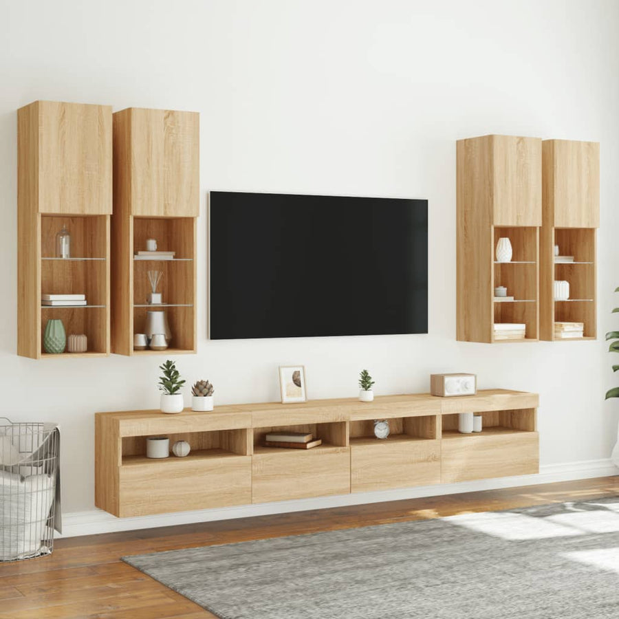 7-Delige Tv-Wandmeubelset Met Led-Verlichting Sonoma Eikenkleur