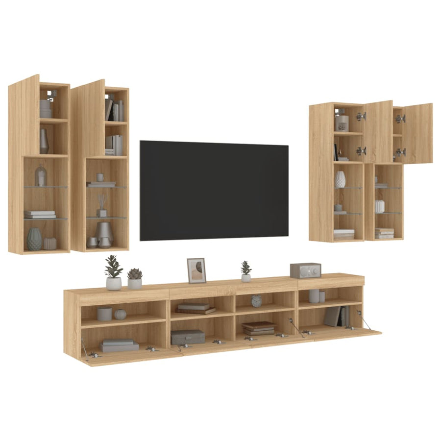 7-Delige Tv-Wandmeubelset Met Led-Verlichting Sonoma Eikenkleur