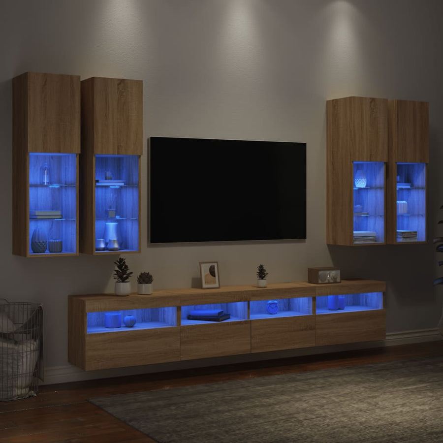 7-Delige Tv-Wandmeubelset Met Led-Verlichting Sonoma Eikenkleur