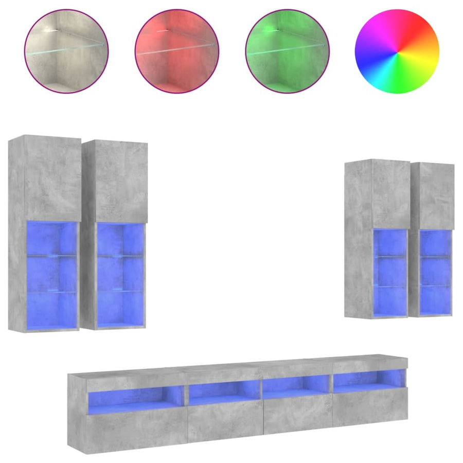 7-delige Tv-wandmeubelset met LED-verlichting betongrijs