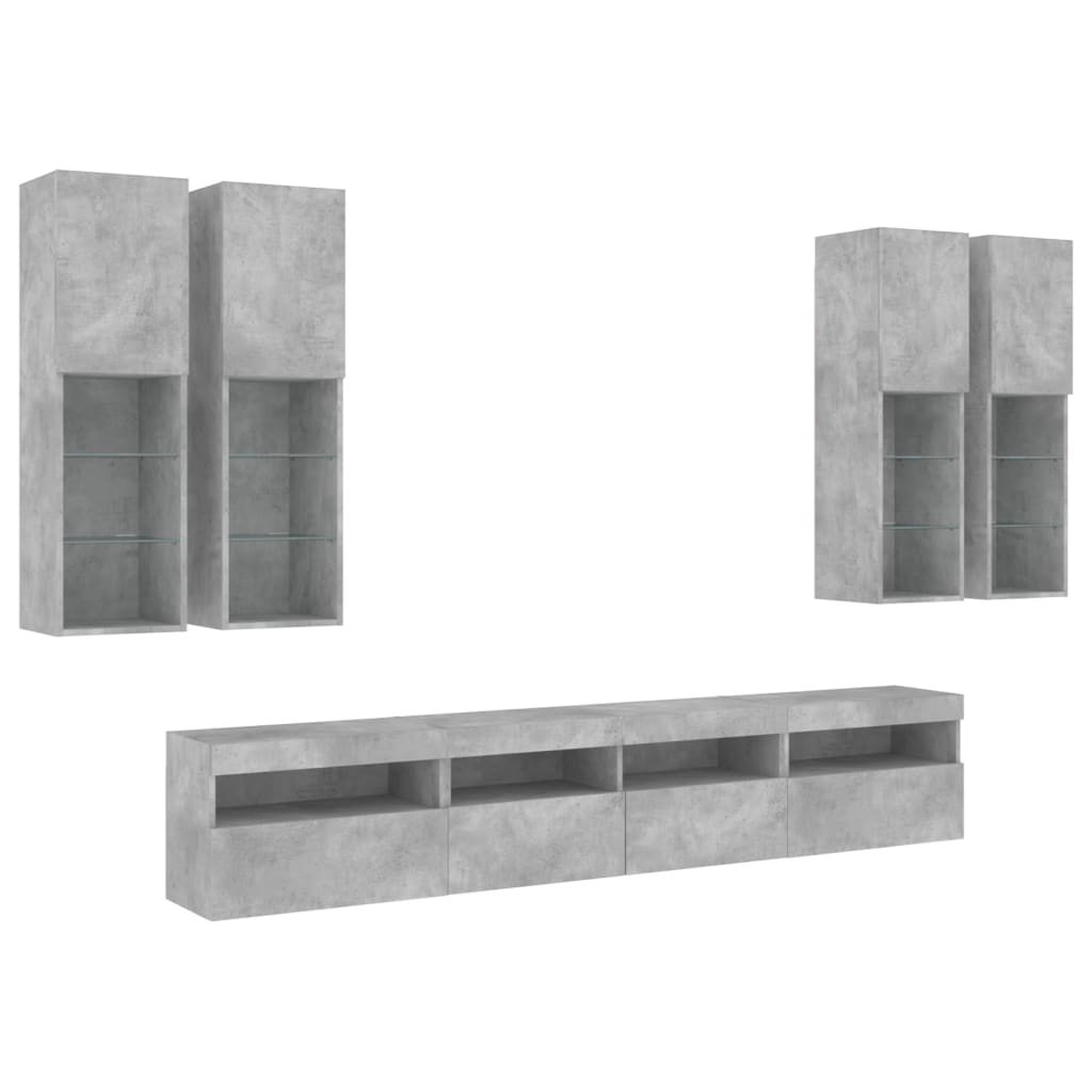 7-delige Tv-wandmeubelset met LED-verlichting betongrijs