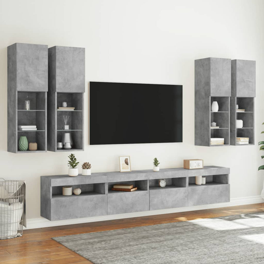 7-delige Tv-wandmeubelset met LED-verlichting betongrijs
