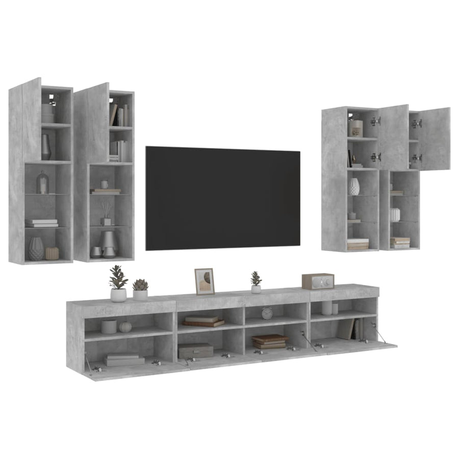 7-delige Tv-wandmeubelset met LED-verlichting betongrijs