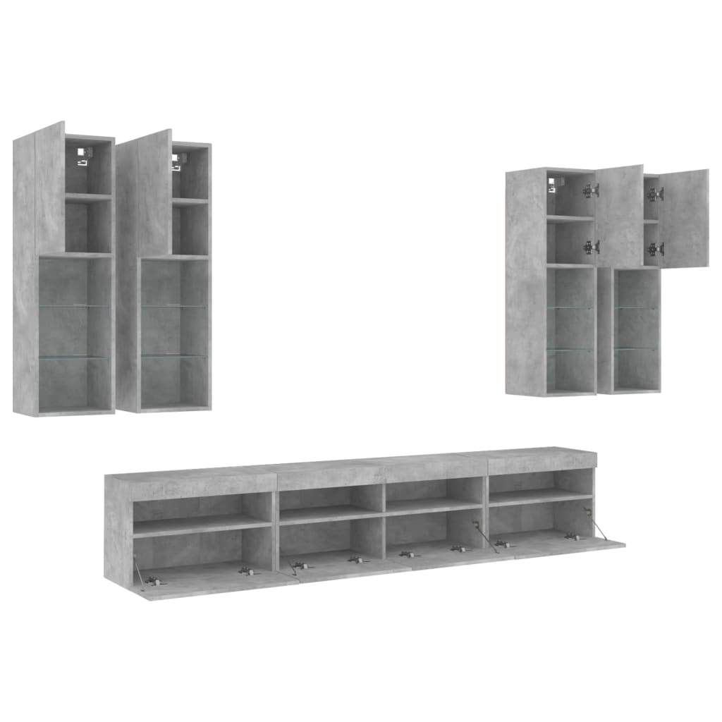 7-delige Tv-wandmeubelset met LED-verlichting betongrijs