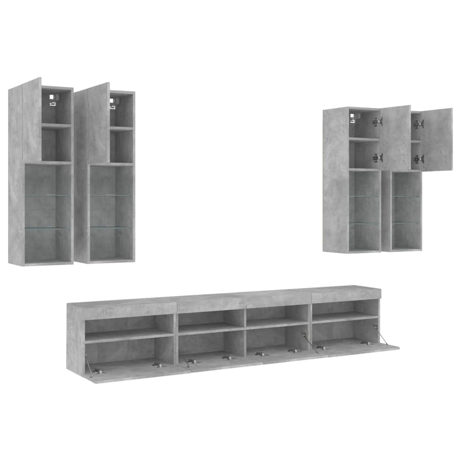 7-delige Tv-wandmeubelset met LED-verlichting betongrijs
