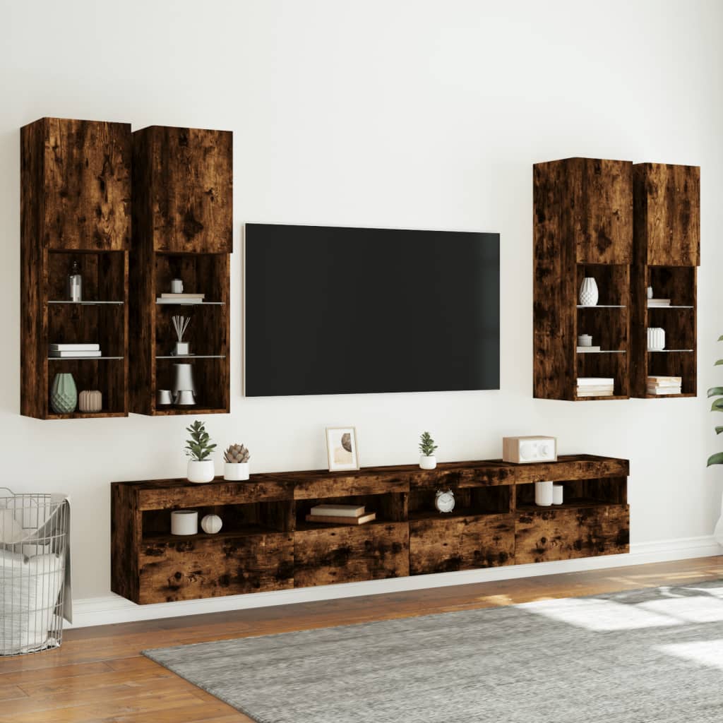 7-delige Tv-wandmeubelset met LED-verlichting gerookt eiken