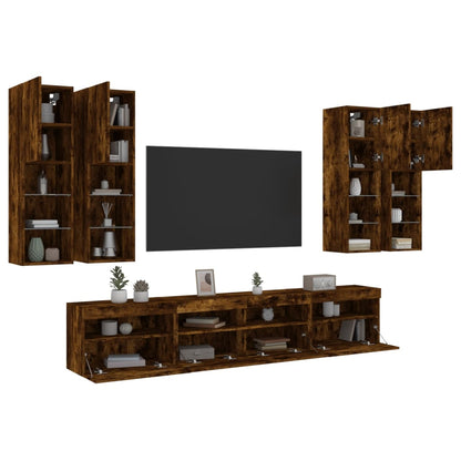 7-delige Tv-wandmeubelset met LED-verlichting gerookt eiken