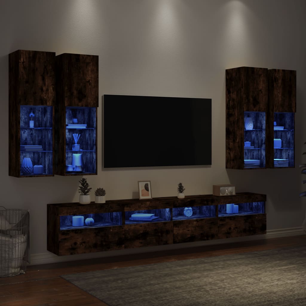 7-delige Tv-wandmeubelset met LED-verlichting gerookt eiken