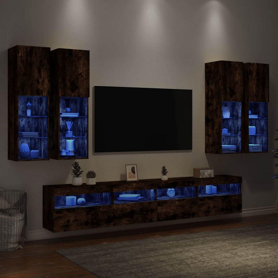 7-delige Tv-wandmeubelset met LED-verlichting gerookt eiken
