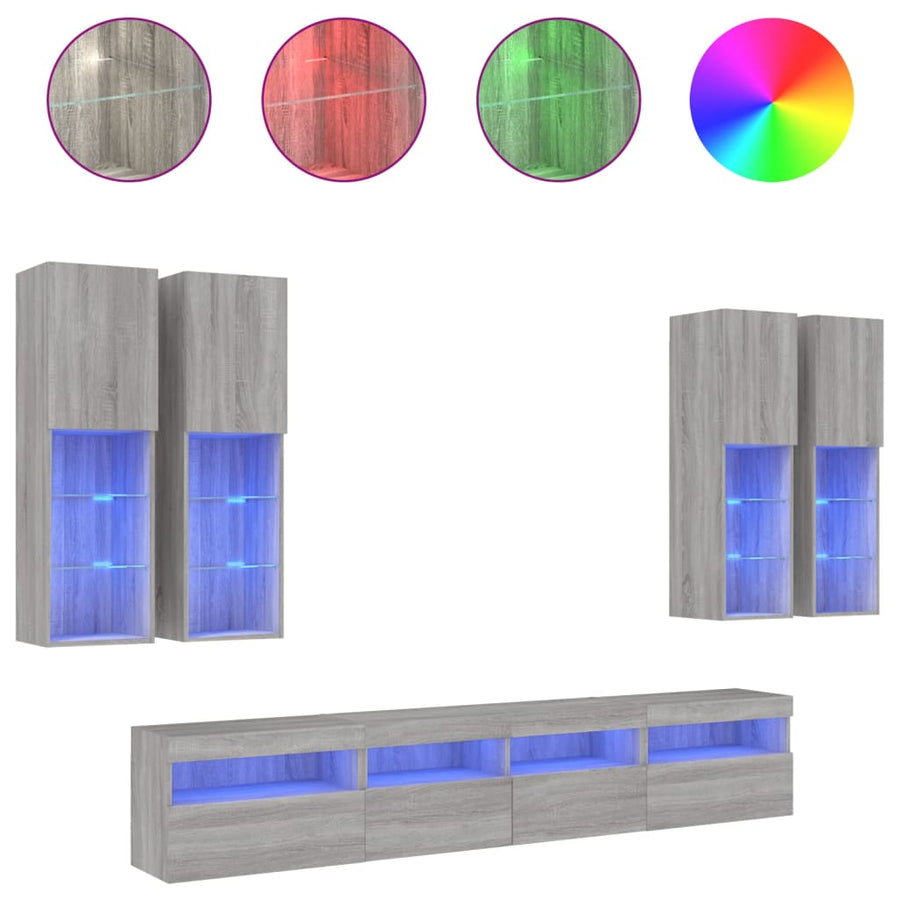 7-delige Tv-wandmeubelset met LED-verlichting grijs sonoma