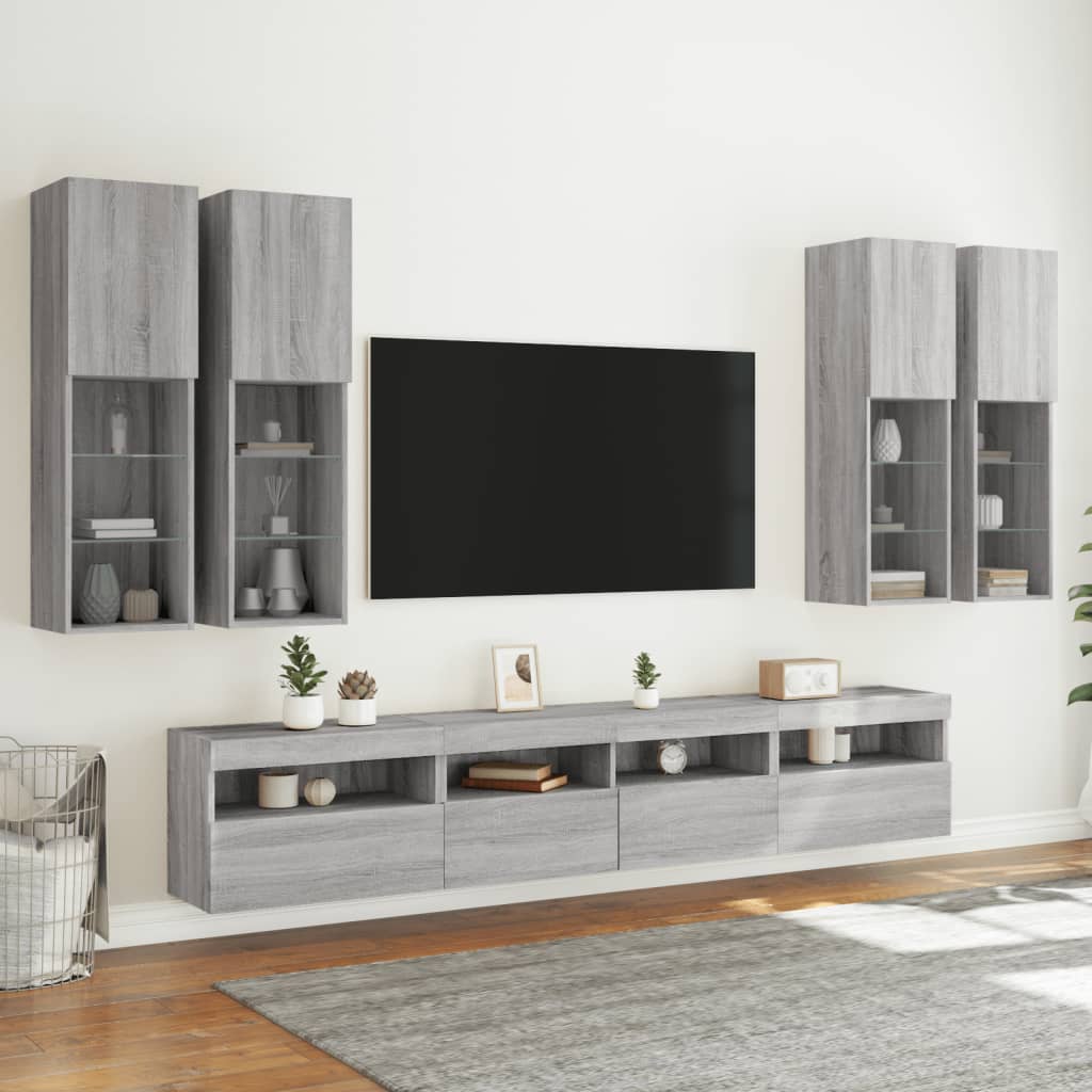 7-delige Tv-wandmeubelset met LED-verlichting grijs sonoma