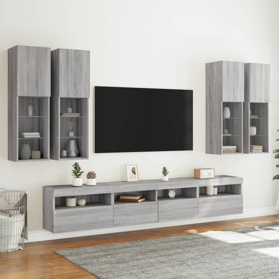 7-delige Tv-wandmeubelset met LED-verlichting grijs sonoma