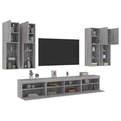 7-delige Tv-wandmeubelset met LED-verlichting grijs sonoma