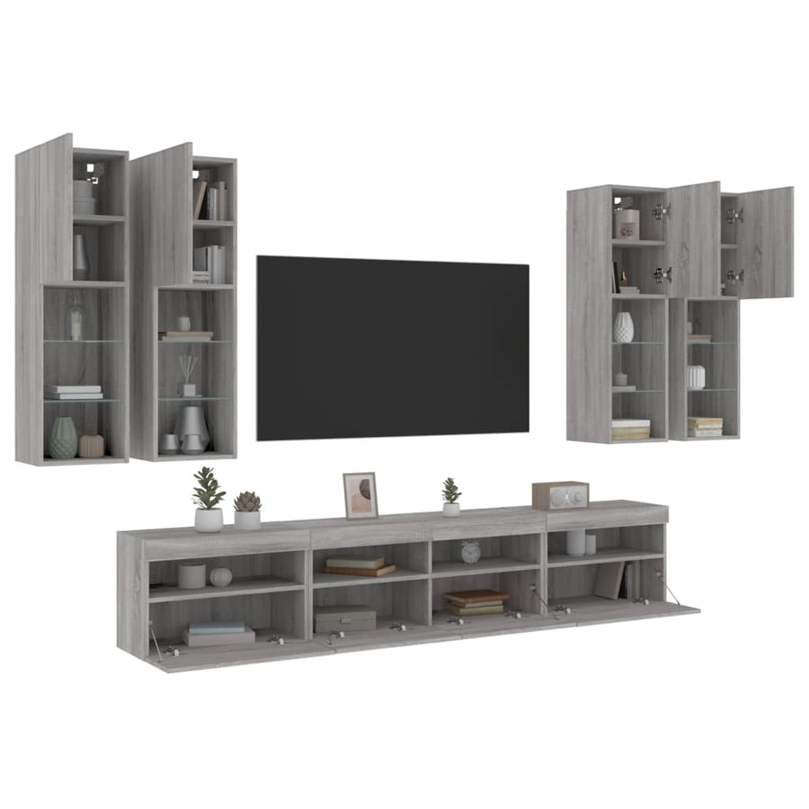 7-delige Tv-wandmeubelset met LED-verlichting grijs sonoma