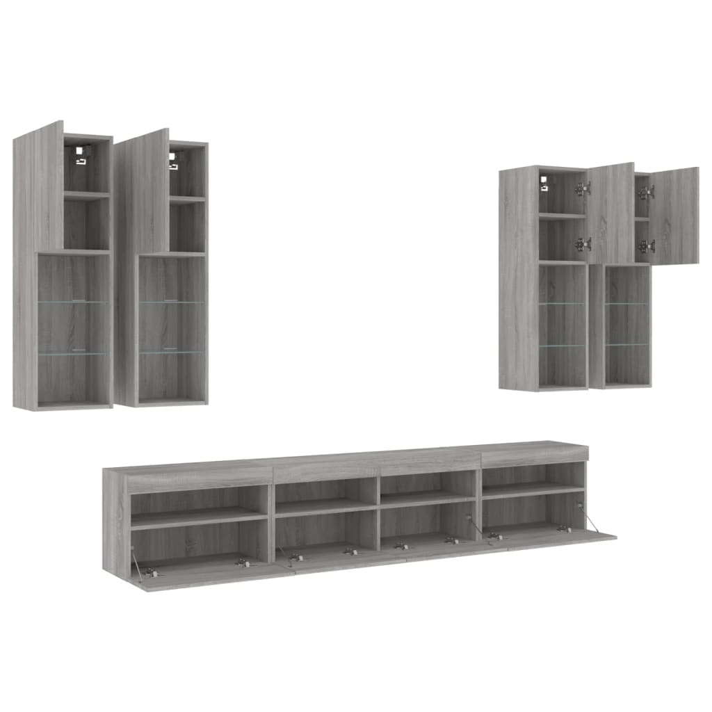 7-delige Tv-wandmeubelset met LED-verlichting grijs sonoma
