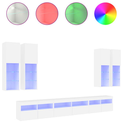 7-Delige Tv-Wandmeubelset Met Led-Verlichting Wit