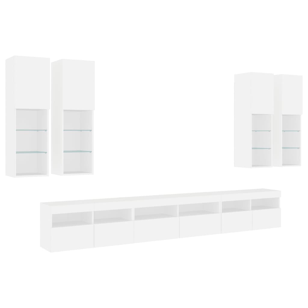 7-Delige Tv-Wandmeubelset Met Led-Verlichting Wit