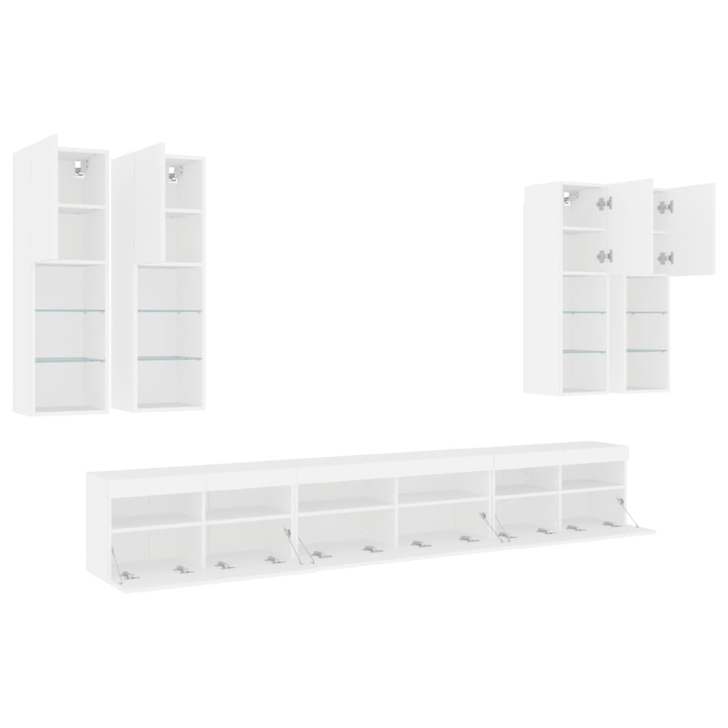 7-Delige Tv-Wandmeubelset Met Led-Verlichting Wit