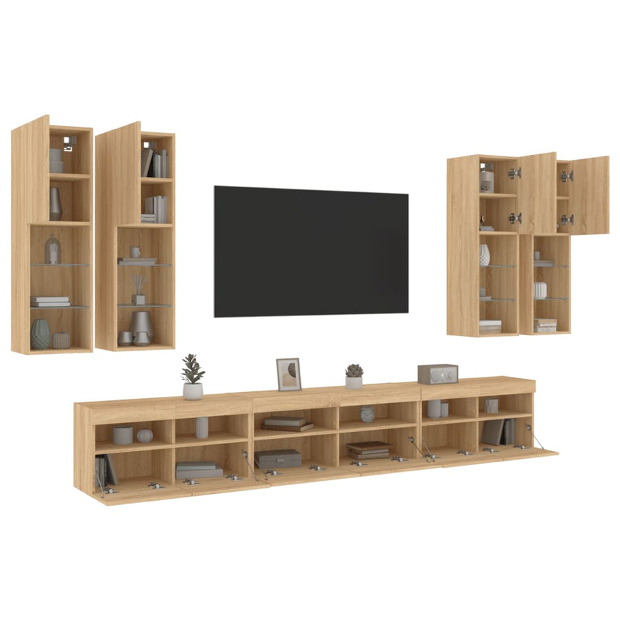 7-Delige Tv-Wandmeubelset Met Led-Verlichting Sonoma Eikenkleur
