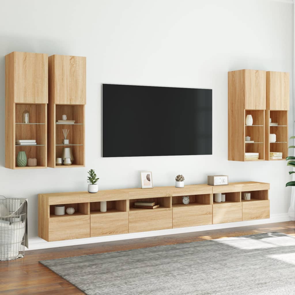 7-Delige Tv-Wandmeubelset Met Led-Verlichting Sonoma Eikenkleur