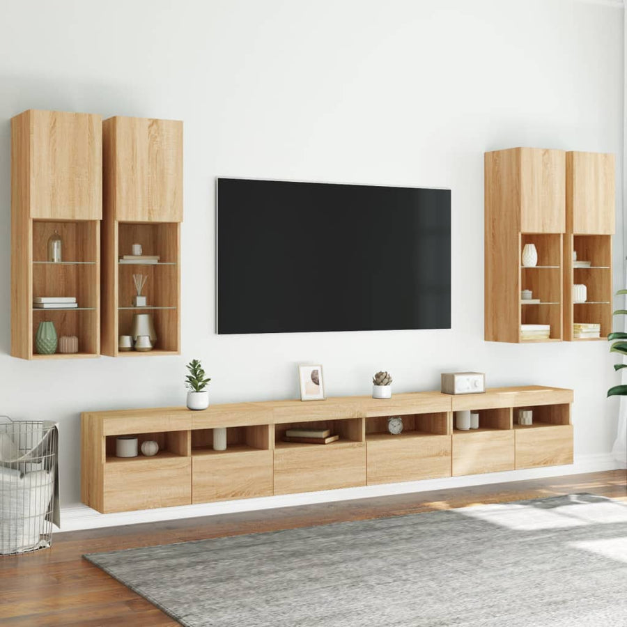 7-Delige Tv-Wandmeubelset Met Led-Verlichting Sonoma Eikenkleur